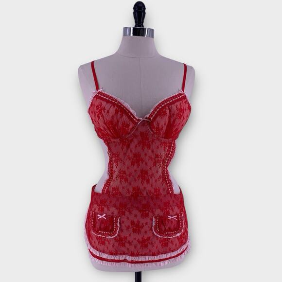 Victoria's Secret 36C Red Lace French Maid Valentines Coquette - Picture 1 of 12